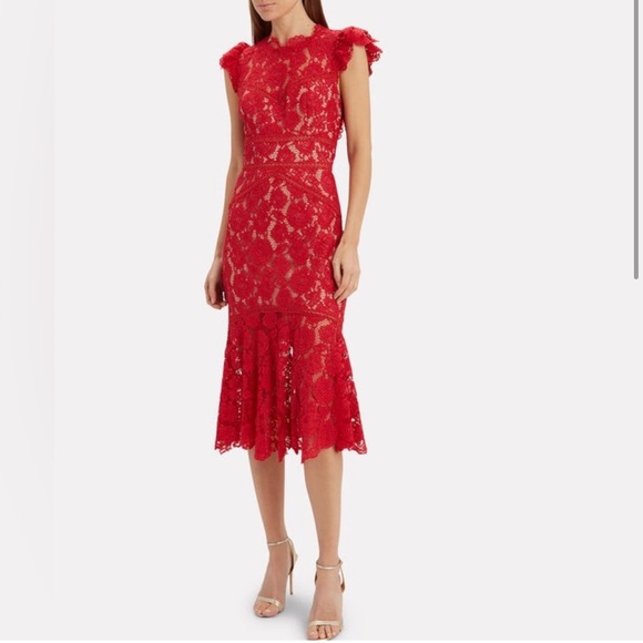 SAYLOR Lace High Neck Ruffled Trumpet Midi Dress Medium - Picture 9 of 14